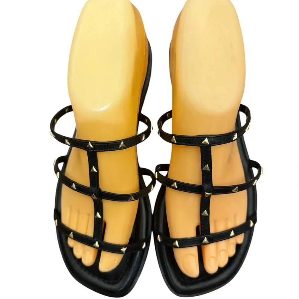 SCHUTZ Lydia flat Black Pyramid-Stud Multi-Strap Flat Sandals